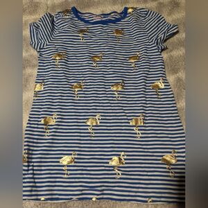 Mini Boden Blue and White Striped Dress with Gold Flamingos Size 13-14